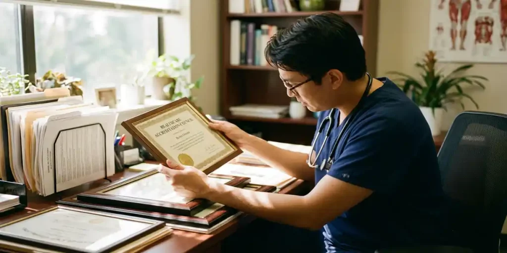 Zorgprofessional in scrubs bekijkt accreditatiecertificaat aan bureau met stethoscoop en certificeringsdocumenten