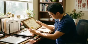 Zorgprofessional in scrubs bekijkt accreditatiecertificaat aan bureau met stethoscoop en certificeringsdocumenten