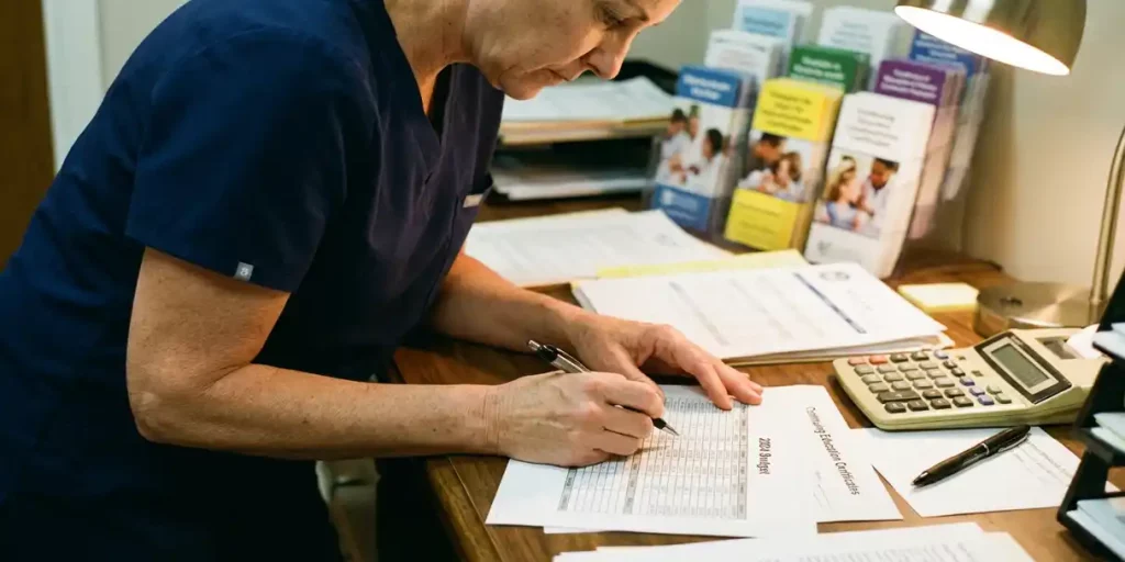 Zorgprofessional in scrubs bekijkt budgetdocumenten en certificaten op bureau met rekenmachine en scholingsbrochures