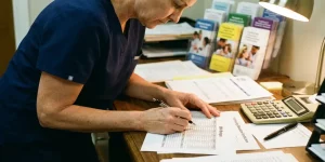 Zorgprofessional in scrubs bekijkt budgetdocumenten en certificaten op bureau met rekenmachine en scholingsbrochures