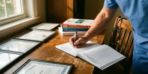 Zorgprofessional in scrubs schrijft in certificatielogboek aan bureau met medische tijdschriften en stethoscoop