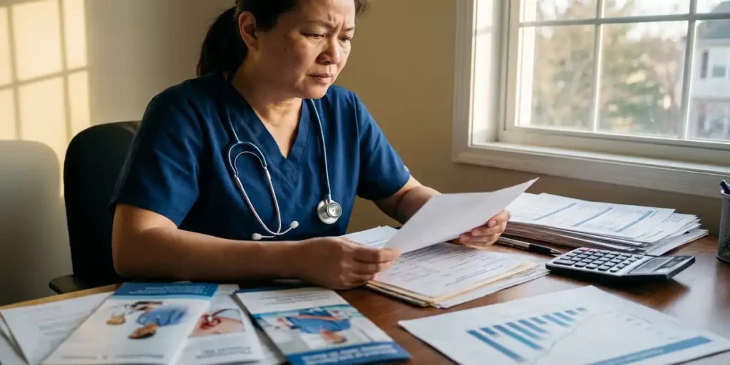 Zorgprofessional in scrubs bestudeert financiële documenten aan bureau met stethoscoop en calculator