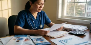 Zorgprofessional in scrubs bestudeert financiële documenten aan bureau met stethoscoop en calculator