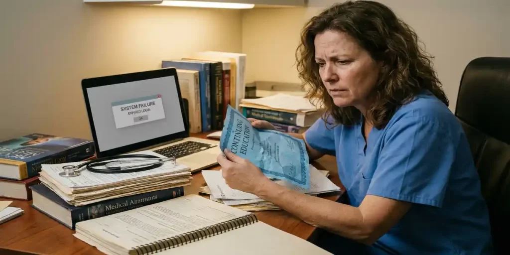 Gefrustreerde zorgprofessional aan bureau met verkreukeld certificaat, medische boeken en laptop met foutmelding