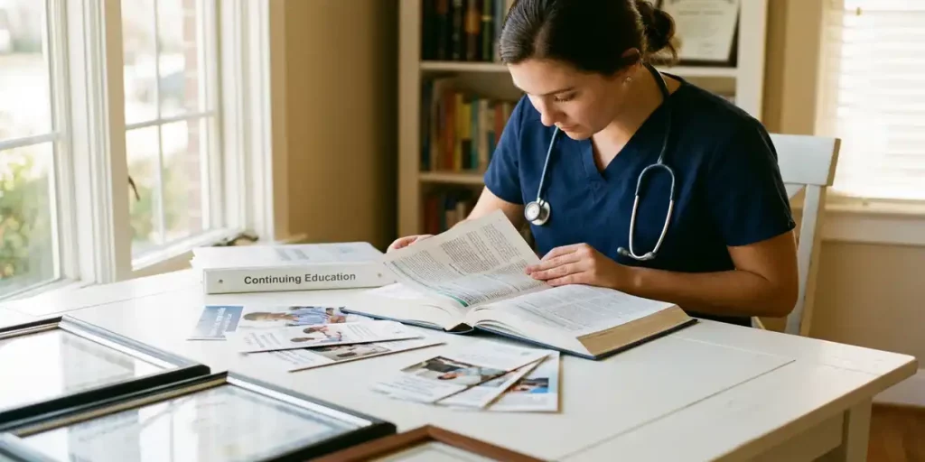 Zorgprofessional in scrubs leest medisch handboek aan bureau met stethoscoop en studiemateriaal in natuurlijk licht