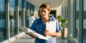 Zorgverlener in scrubs bestudeert medisch handboek en patiëntendossier in moderne ziekenhuisgang met natuurlijk licht