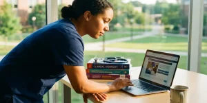 Zorgprofessional in scrubs studeert geconcentreerd op laptop met medische leerinterface aan bureau met studieboeken