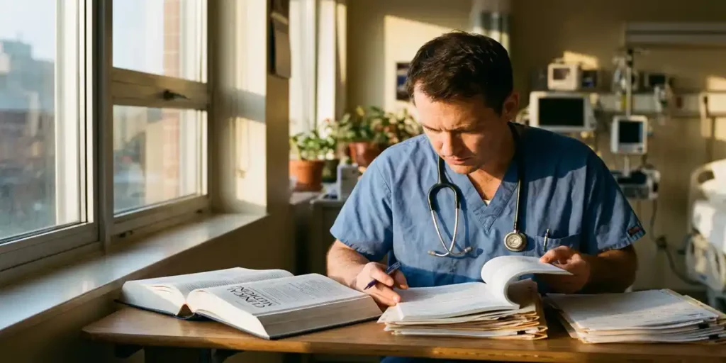 Zorgverlener in scrubs bestudeert medische boeken en patiëntendossiers aan bureau met stethoscoop om nek