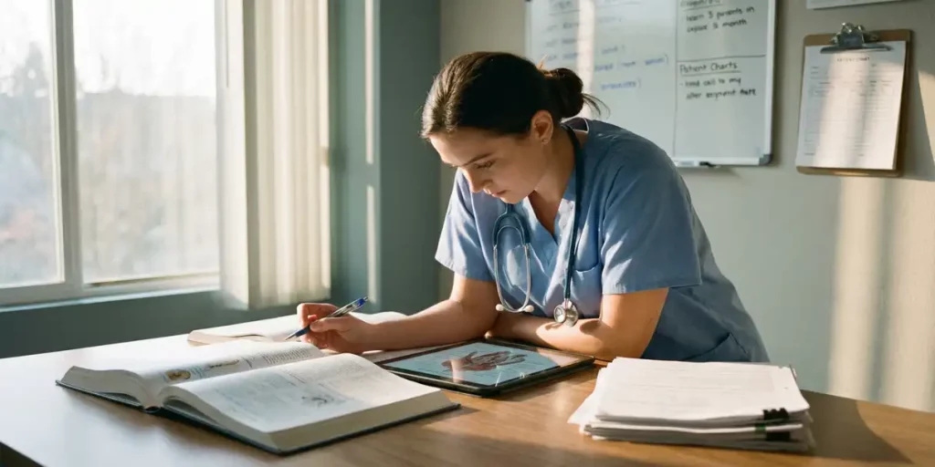 Zorgverlener in scrubs bestudeert medische leerboeken en digitale materialen aan tafel in ziekenhuispauzeruimte