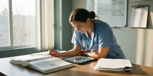 Zorgverlener in scrubs bestudeert medische leerboeken en digitale materialen aan tafel in ziekenhuispauzeruimte
