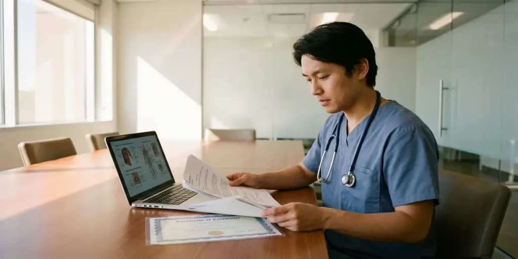 Zorgprofessional in scrubs bestudeert trainingsmateriaal en certificaten aan conferentietafel met laptop en stethoscoop