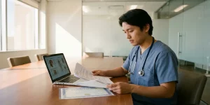 Zorgprofessional in scrubs bestudeert trainingsmateriaal en certificaten aan conferentietafel met laptop en stethoscoop