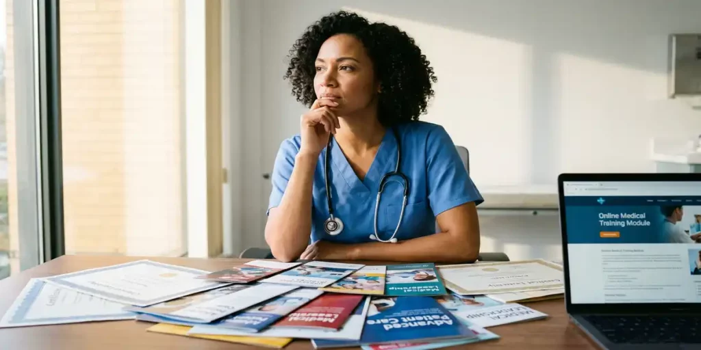 Zorgprofessional in scrubs bekijkt trainingsmateriaal en certificaten op bureau met laptop en stethoscoop