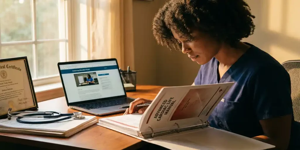 Zorgverlener in scrubs bestudeert trainingshandleiding aan bureau met laptop, certificaten en stethoscoop