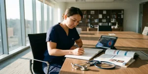 Zorgprofessional in scrubs schrijft notities in planner naast stethoscoop en medische trainingsmaterialen op bureau