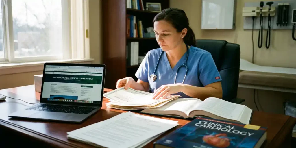 Zorgprofessional in scrubs bestudeert medische certificaten en trainingsmateriaal aan bureau met laptop en stethoscoop