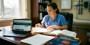 Zorgprofessional in scrubs bestudeert medische certificaten en trainingsmateriaal aan bureau met laptop en stethoscoop