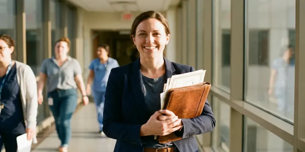 Zelfverzekerde zorgprofessional met leren portfolio vol certificaten in moderne ziekenhuisgang met natuurlijk licht