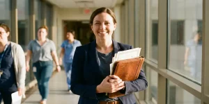 Zelfverzekerde zorgprofessional met leren portfolio vol certificaten in moderne ziekenhuisgang met natuurlijk licht