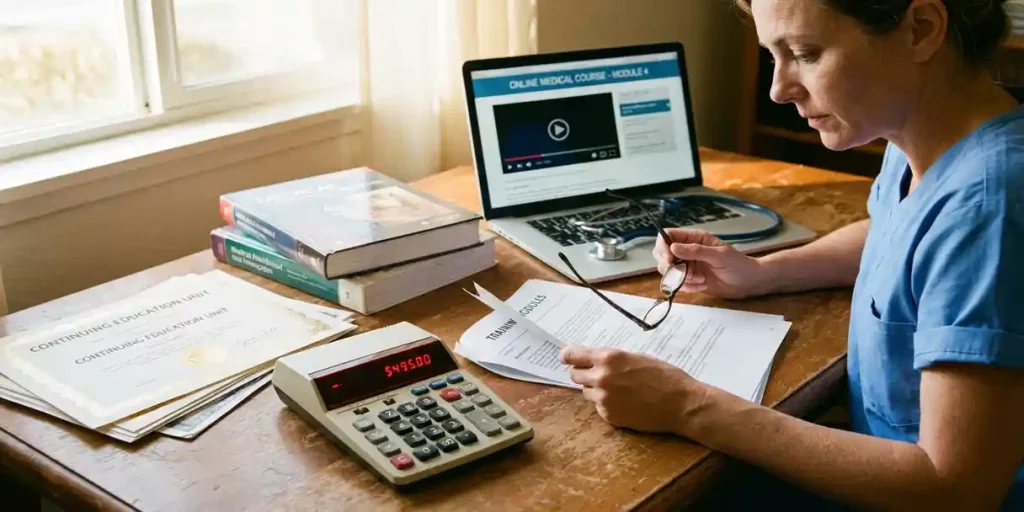 Zorgprofessional in scrubs bekijkt nascholingsmaterialen aan bureau met rekenmachine, certificaten en medische boeken