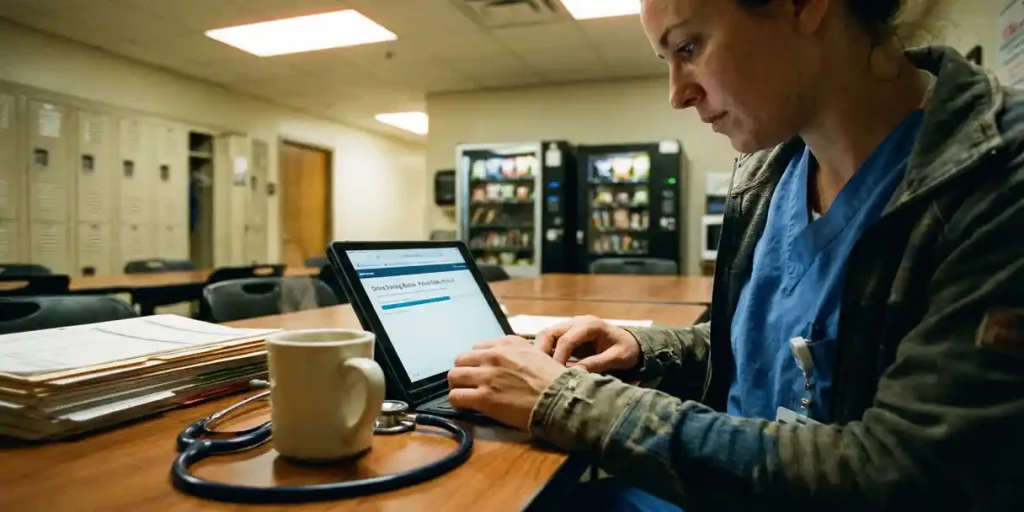 Zorgverlener in scrubs bekijkt online trainingsmodule op tablet in pauzeruimte met stethoscoop en koffie