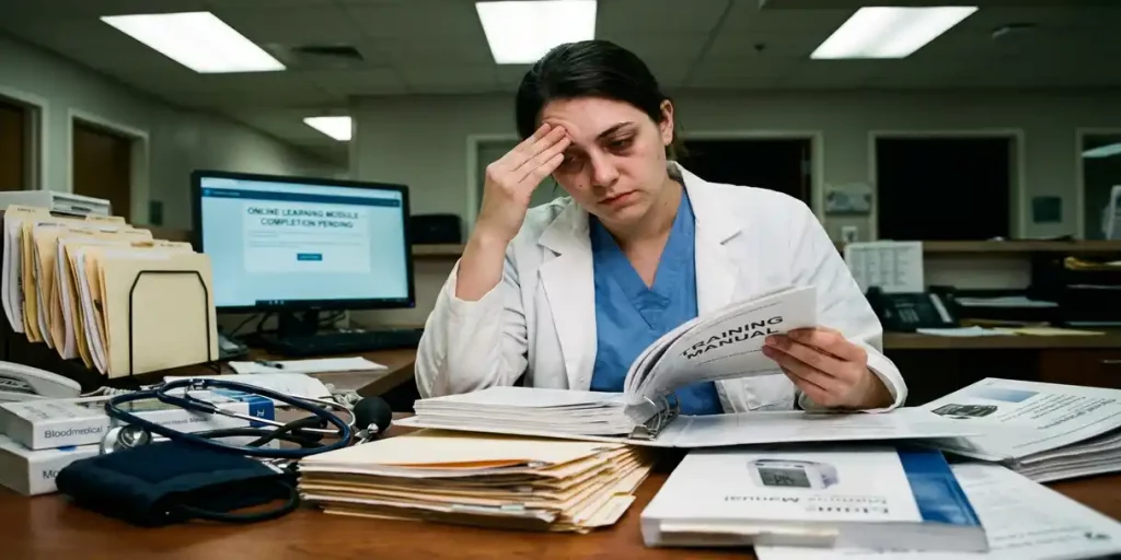 Zorgprofessional kijkt overweldigd naar trainingsmateriaal aan rommelig bureau met patiëntendossiers en medische apparatuur
