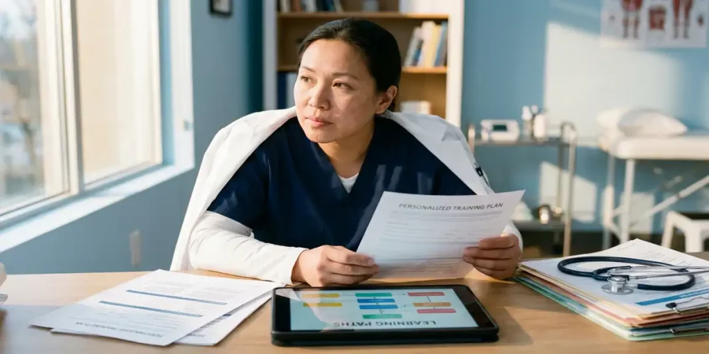 Zorgprofessional in scrubs bekijkt gepersonaliseerde trainingsmaterialen op bureau met tablet en medische documenten