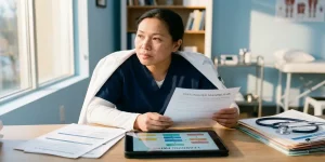 Zorgprofessional in scrubs bekijkt gepersonaliseerde trainingsmaterialen op bureau met tablet en medische documenten