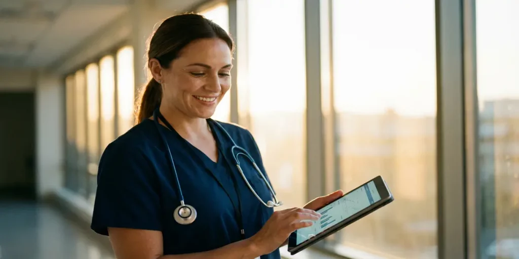 Zorgverlener in scrubs bekijkt patiëntgegevens op tablet in ziekenhuisgang met natuurlijk licht
