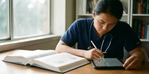 Zorgprofessional in scrubs leest medisch handboek en maakt notities op tablet aan bureau, stethoscoop om nek