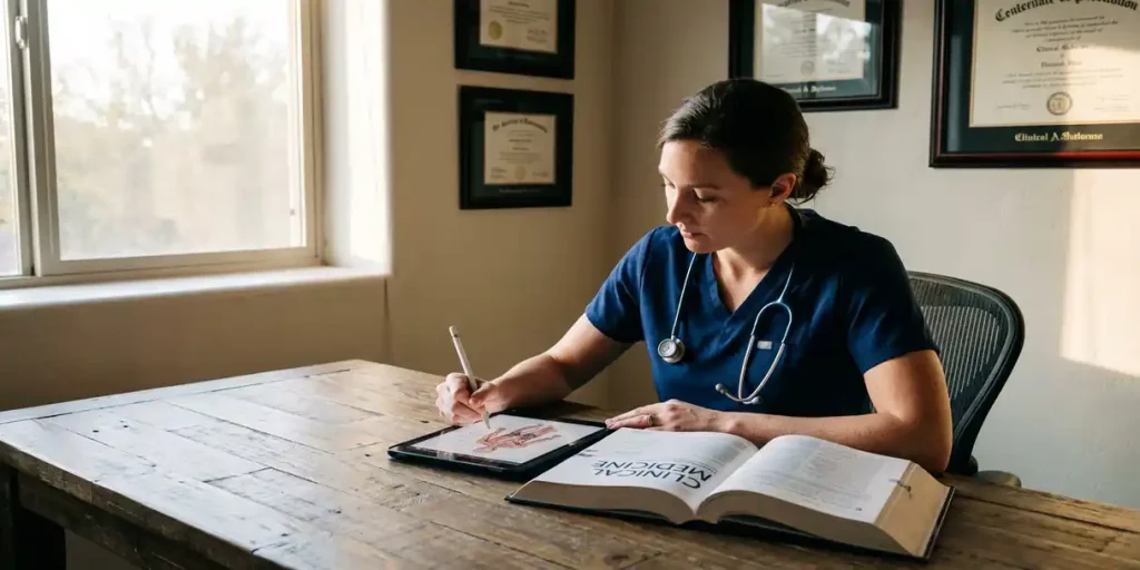 Zorgprofessional in scrubs bestudeert medisch handboek en maakt notities op tablet aan bureau met stethoscoop om nek