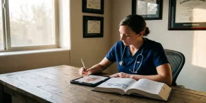 Zorgprofessional in scrubs bestudeert medisch handboek en maakt notities op tablet aan bureau met stethoscoop om nek