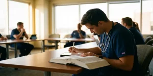 Zorgprofessional in scrubs bestudeert medisch handboek en maakt notities op tablet in modern ziekenhuis trainingscentrum