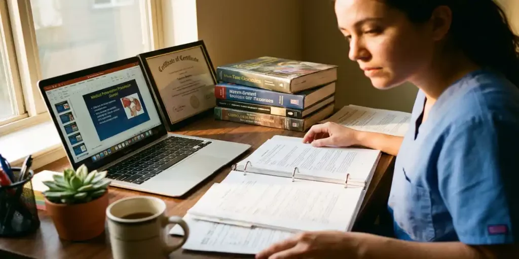 Zorgprofessional in scrubs bestudeert medische cursusmateriaal op laptop met boeken en certificaten op bureau