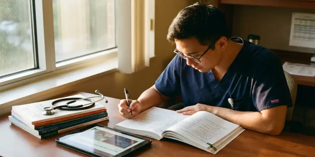 Zorgprofessional in scrubs bestudeert medisch leerboek aan bureau met stethoscoop en tablets in ziekenhuisomgeving