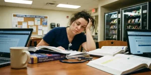 Uitgeputte zorgverlener in scrubs studeert online cursus op laptop tussen medische boeken in ziekenhuispauzeruimte