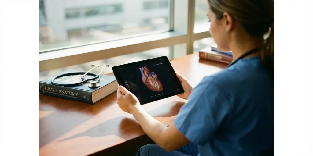 Zorgprofessional in scrubs houdt tablet met medische trainingssimulatie vast naast traditionele medische boeken en stethoscoop