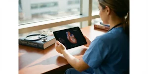 Zorgprofessional in scrubs houdt tablet met medische trainingssimulatie vast naast traditionele medische boeken en stethoscoop