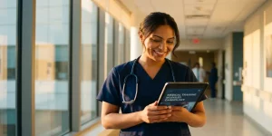 Zorgprofessional in ziekenhuisgang bekijkt medische trainingsmodules op tablet, stethoscoop om nek