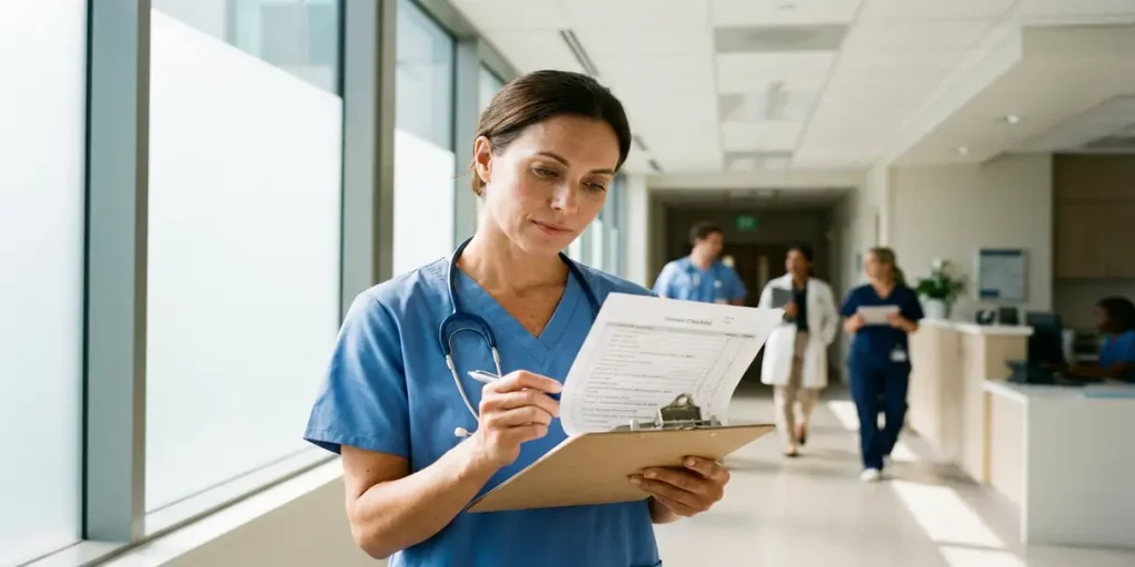 Zorgverlener in scrubs bekijkt trainingslijst op klembord in moderne ziekenhuisgang met natuurlijk licht