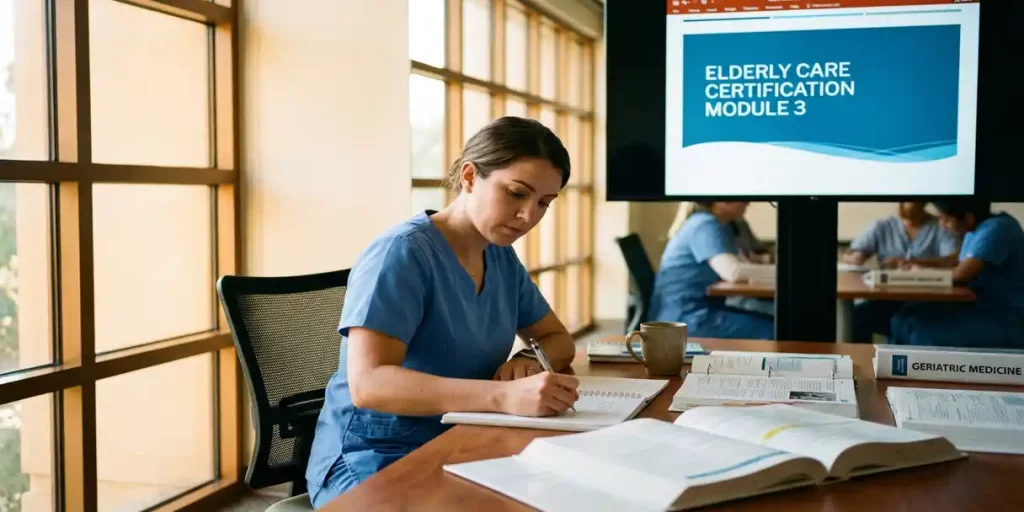 Zorgprofessional in scrubs maakt aantekeningen tijdens ouderenzorg certificeringstraining in moderne klaslokaal