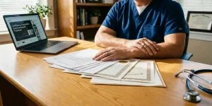 Zorgprofessional in scrubs bestudeert vergoedingsdocumenten en certificaten aan bureau met laptop en stethoscoop