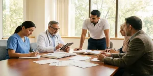 Diverse zorgprofessionals tijdens medische training: verpleegkundige, arts en fysiotherapeut studeren samen aan tafel