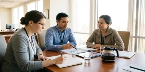 Drie zorgprofessionals tijdens een trainingssessie aan conferentietafel, één maakt notities, ander wijst naar materialen