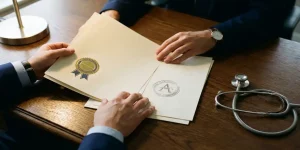 Zorgadministrateur bestudeert medische certificaten en accreditatiedocumenten op bureau met stethoscoop