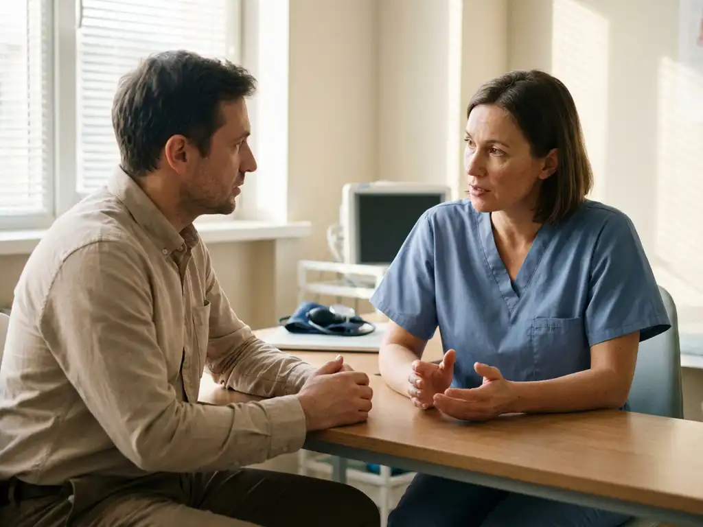 Zorgverlener in scrubs in gesprek met patiënt aan houten consultatietafel, warme middaglicht door raam