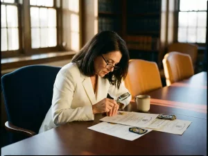 Professionele vrouw in witte blazer bestudeert certificeringsdocumenten en accreditatiebadges op houten vergadertafel