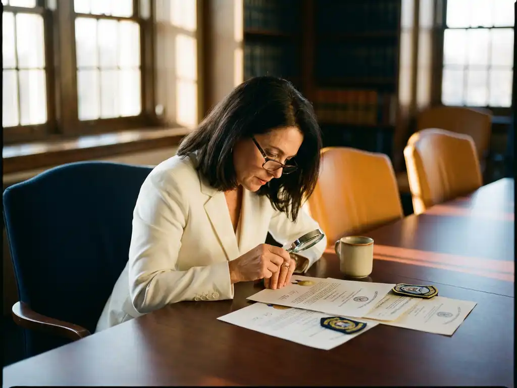 Professionele vrouw in witte blazer bestudeert certificeringsdocumenten en accreditatiebadges op houten vergadertafel