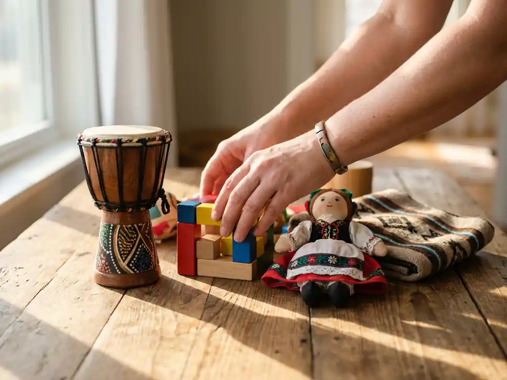 Diverse culturele speelgoed op houten tafel met Afrikaanse drums, Aziatische blokken en Europese poppen gerangschikt door zorgprofessional