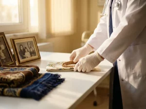Zorgverlener rangschikt culturele voorwerpen zoals gebedskralen, textiel en familiefoto's op medische consultatietafel in warme kliniekruimte
